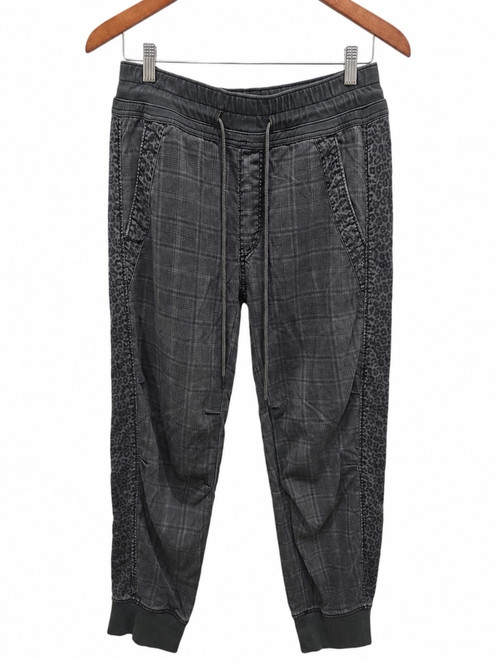 Anthropologie Kallie Jogger Pants Gray Plaid Leopard Print Mixed Media Size S
